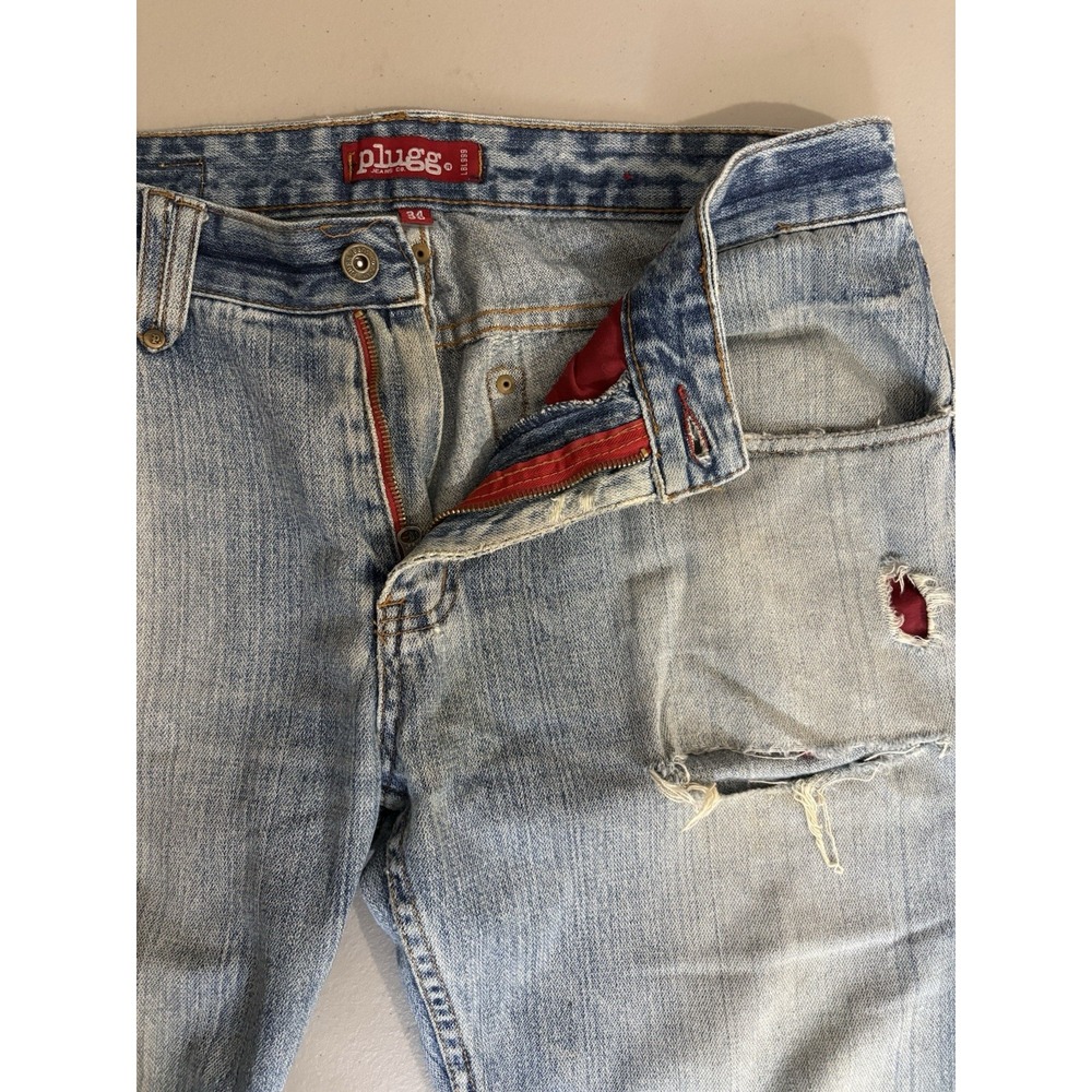 Y2K Plugg Jeans Co Mens 34x30 Bootcut Ripped Denim Jeans Medium Wash 100% Cotton - Picture 4 of 15